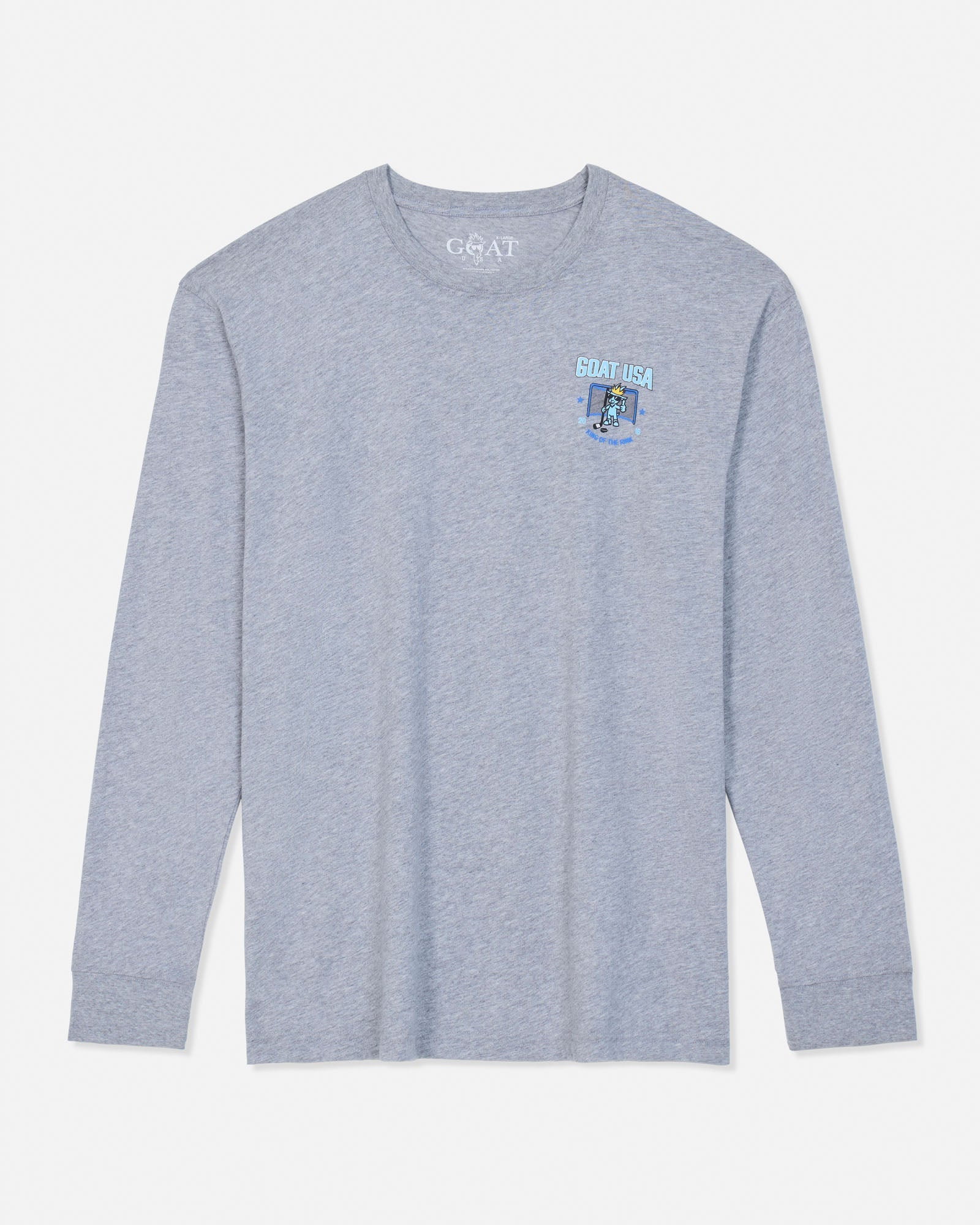 A light heather gray long-sleeve t-shirt with a small light blue and white 'GOAT USA' graphic on the left chest, displayed flat against a light gray background.
