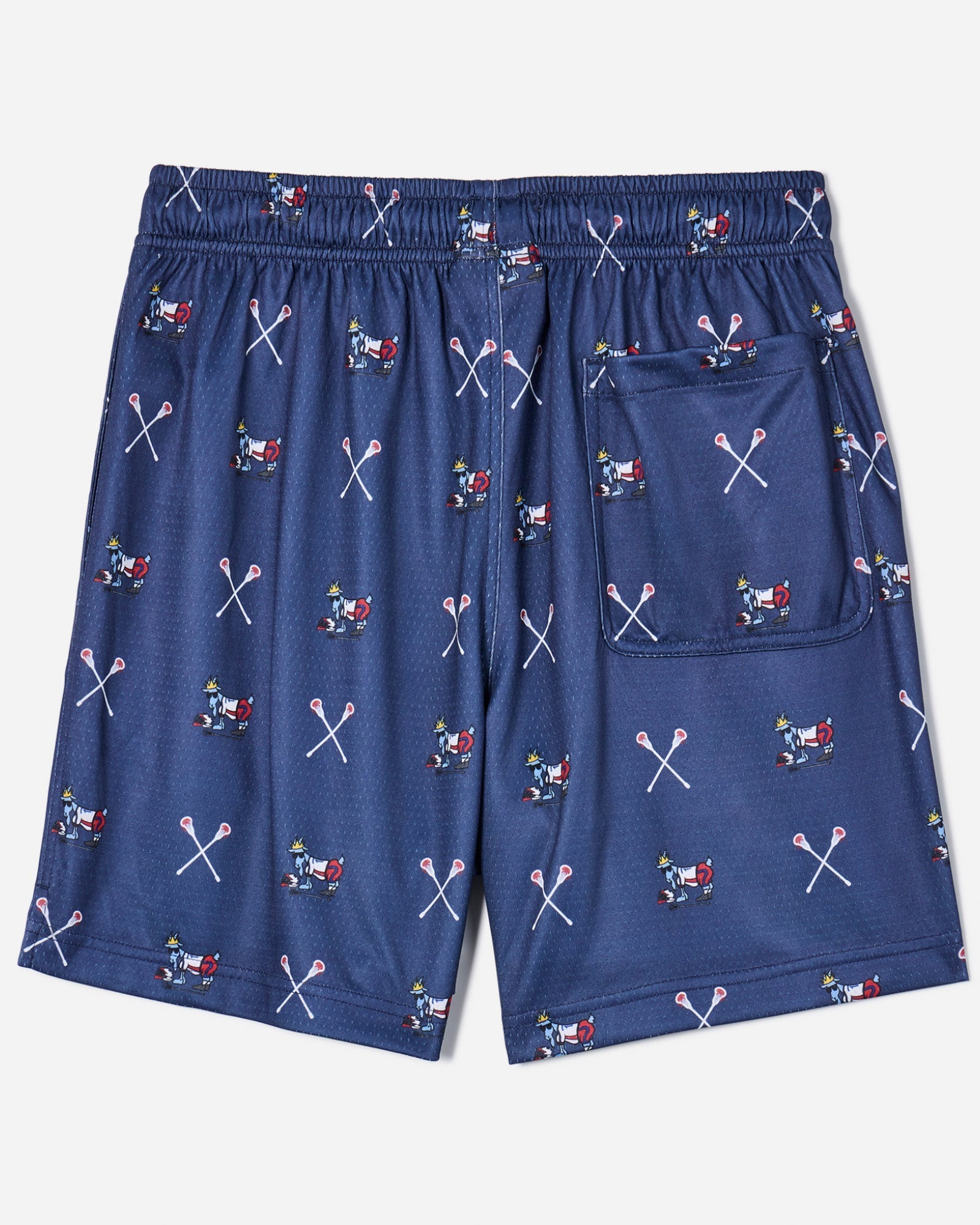Back of navy mesh shorts with lacrosse goat print
