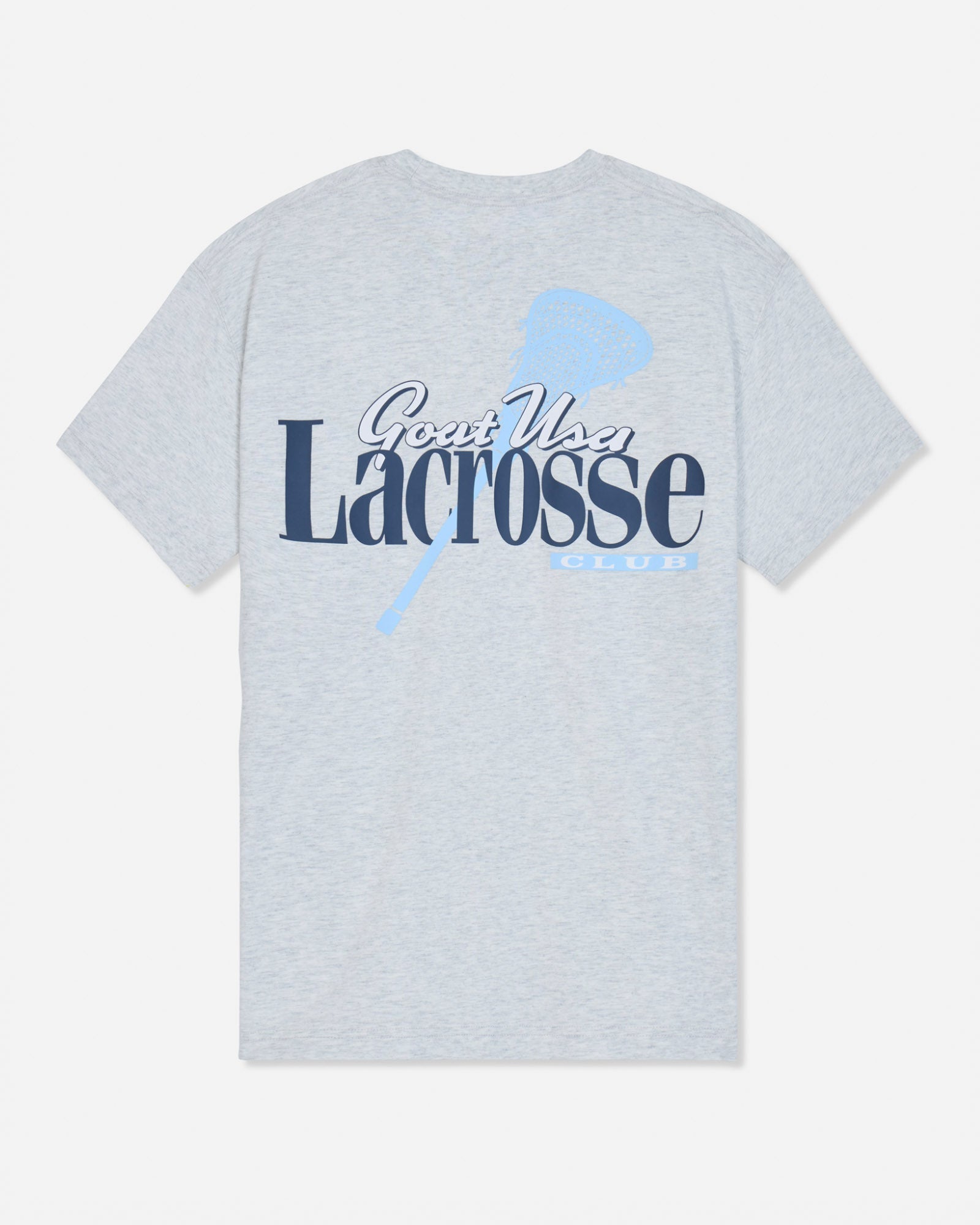 A light heather gray short-sleeve t-shirt with a graphic on the front reading 'Goat USA Lacrosse Club' in navy and light blue, featuring a lacrosse stick design.