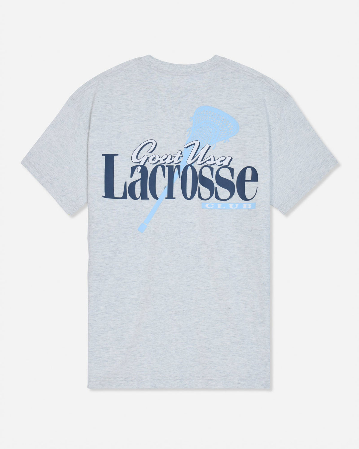A light heather gray short-sleeve t-shirt with a graphic on the front reading 'Goat USA Lacrosse Club' in navy and light blue, featuring a lacrosse stick design.