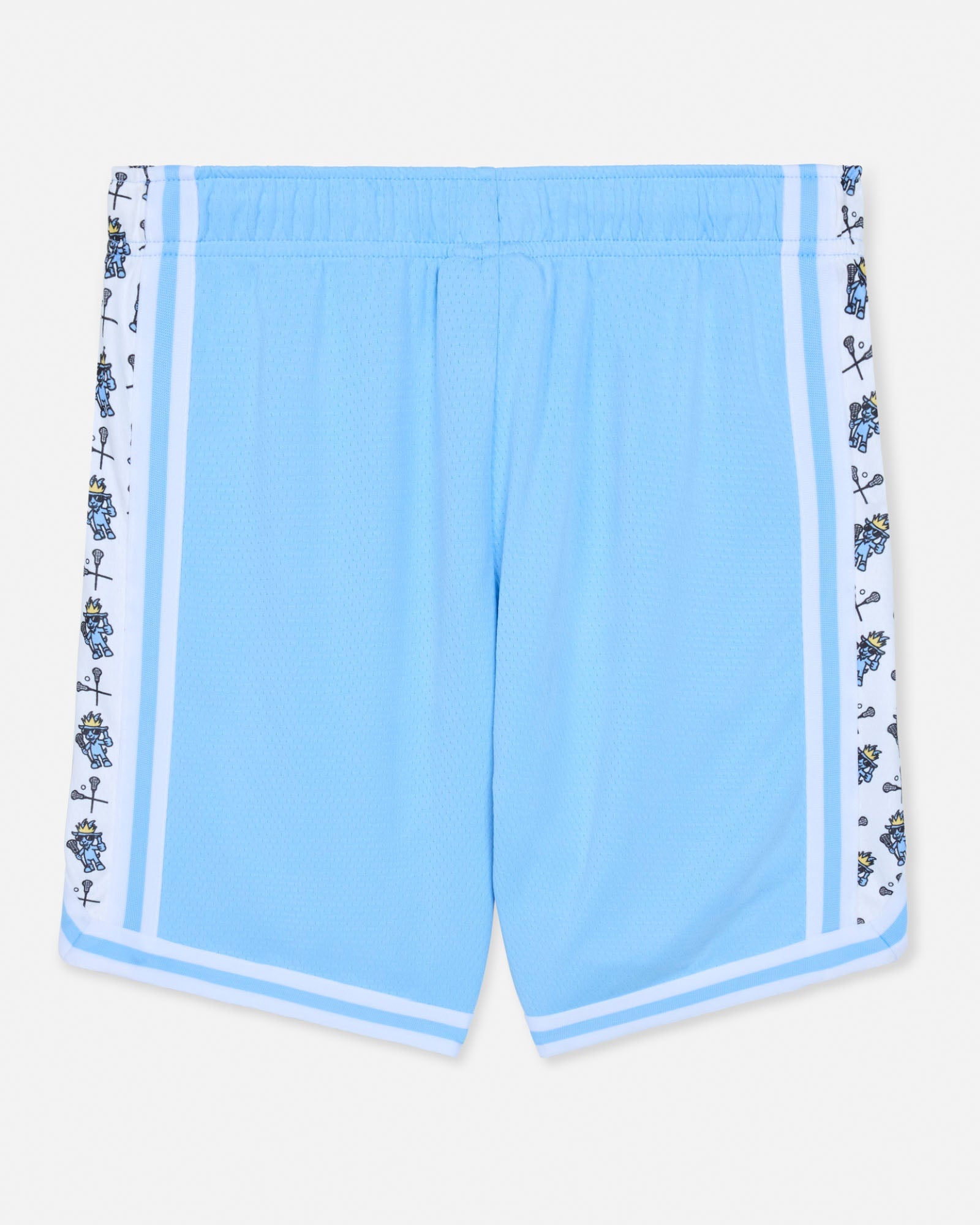 Light blue shorts with decorative white trim on a white background