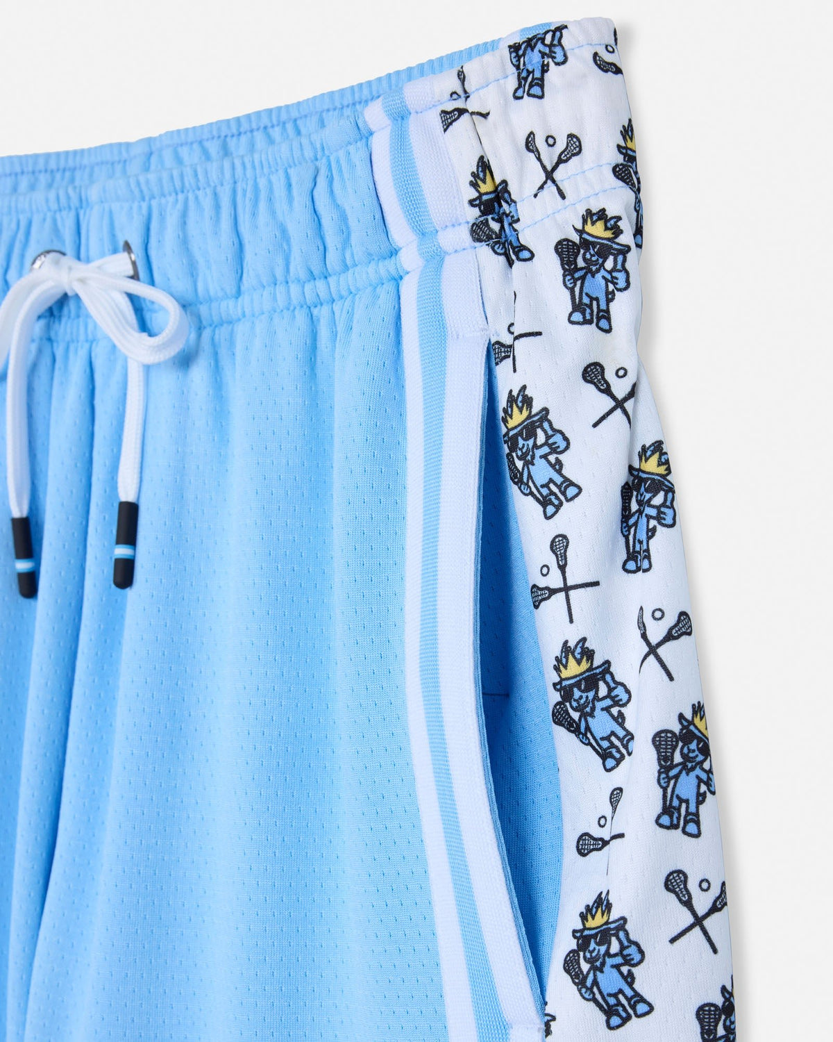 Light blue shorts with white drawstring and lacrosse goat character.