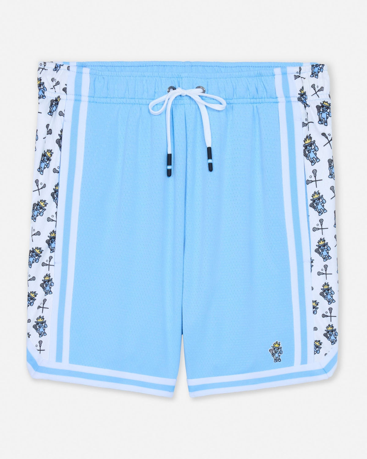Light blue shorts with white drawstring and lacrosse goat pattern on a white background