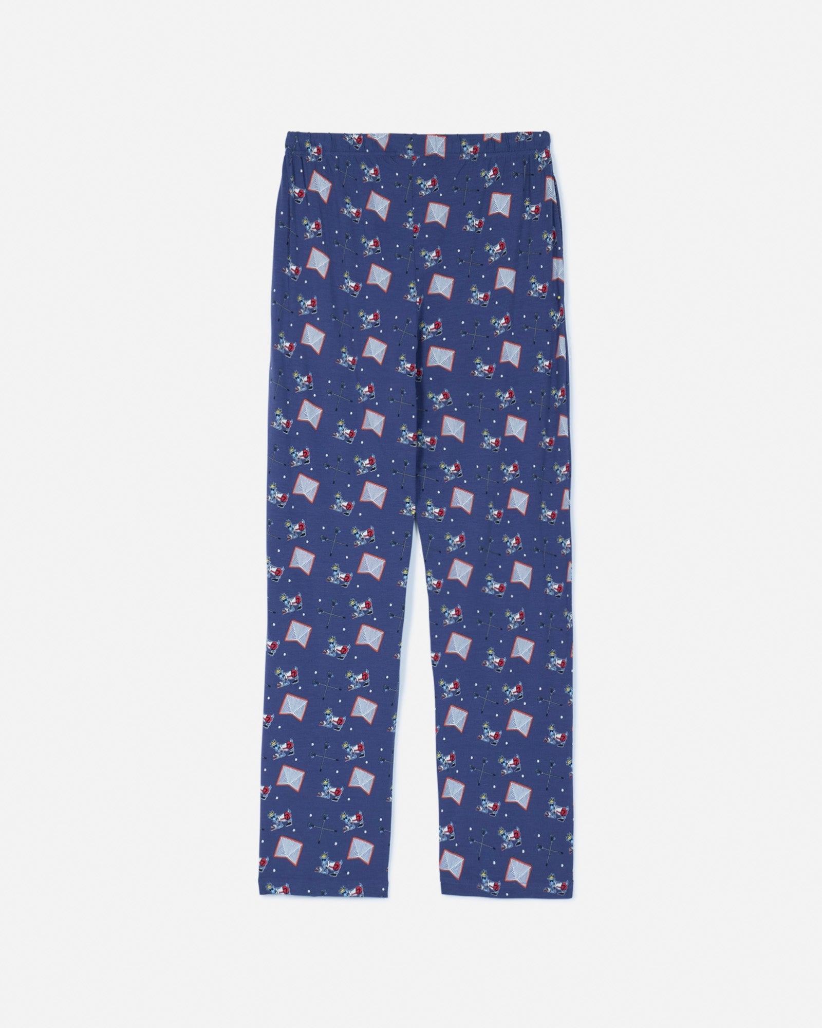 Back of navy pajama pants with lacrosse goat print