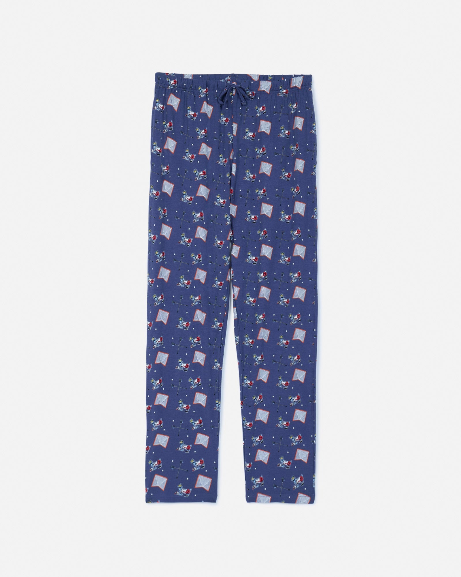 Front of navy pajama pants with lacrosse goat print