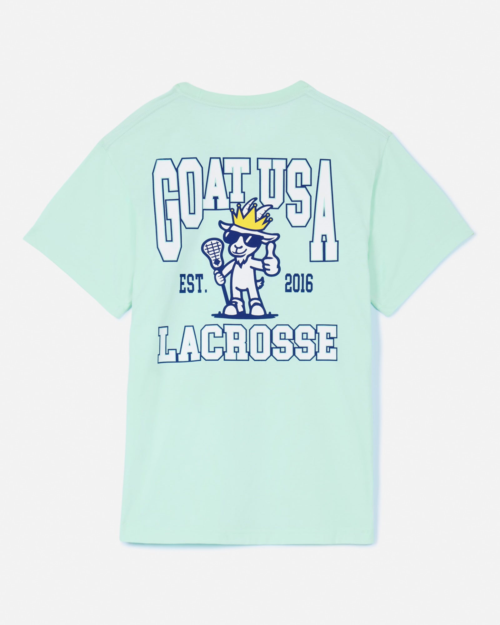 Back of mint t-shirt with thumbs up lacrosse goat graphic