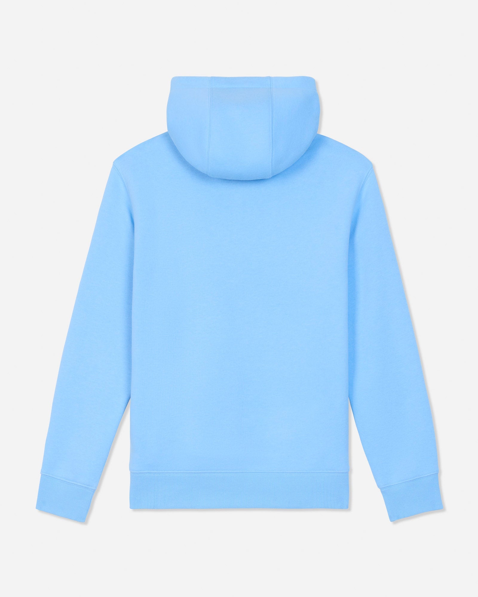 A light blue hooded sweatshirt shown from the back, featuring a solid color design and ribbed cuffs and hem, set against a plain light gray background.