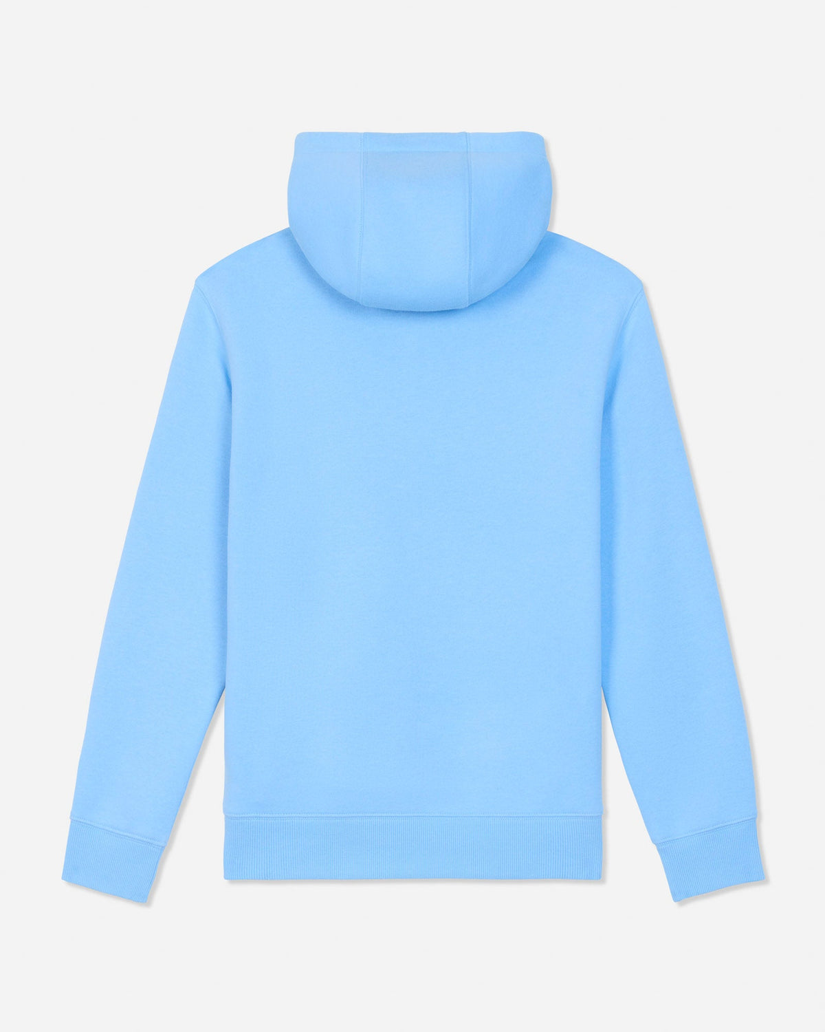A light blue hooded sweatshirt shown from the back, featuring a solid color design and ribbed cuffs and hem, set against a plain light gray background.