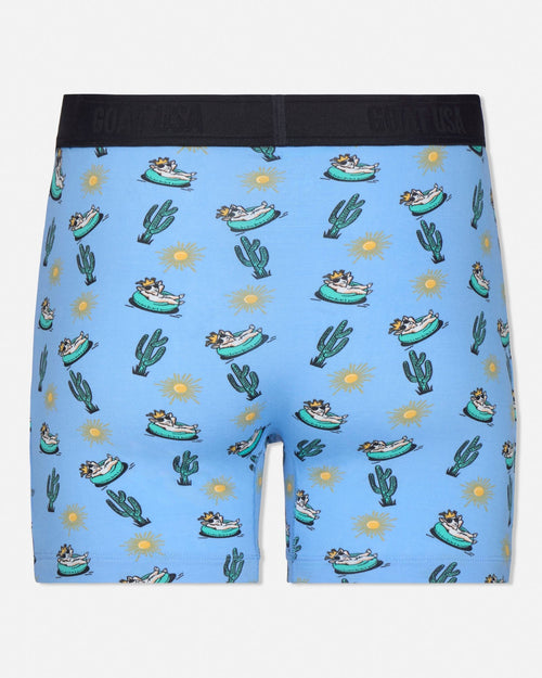 Blue boxer briefs with cactus and boat pattern on a white background