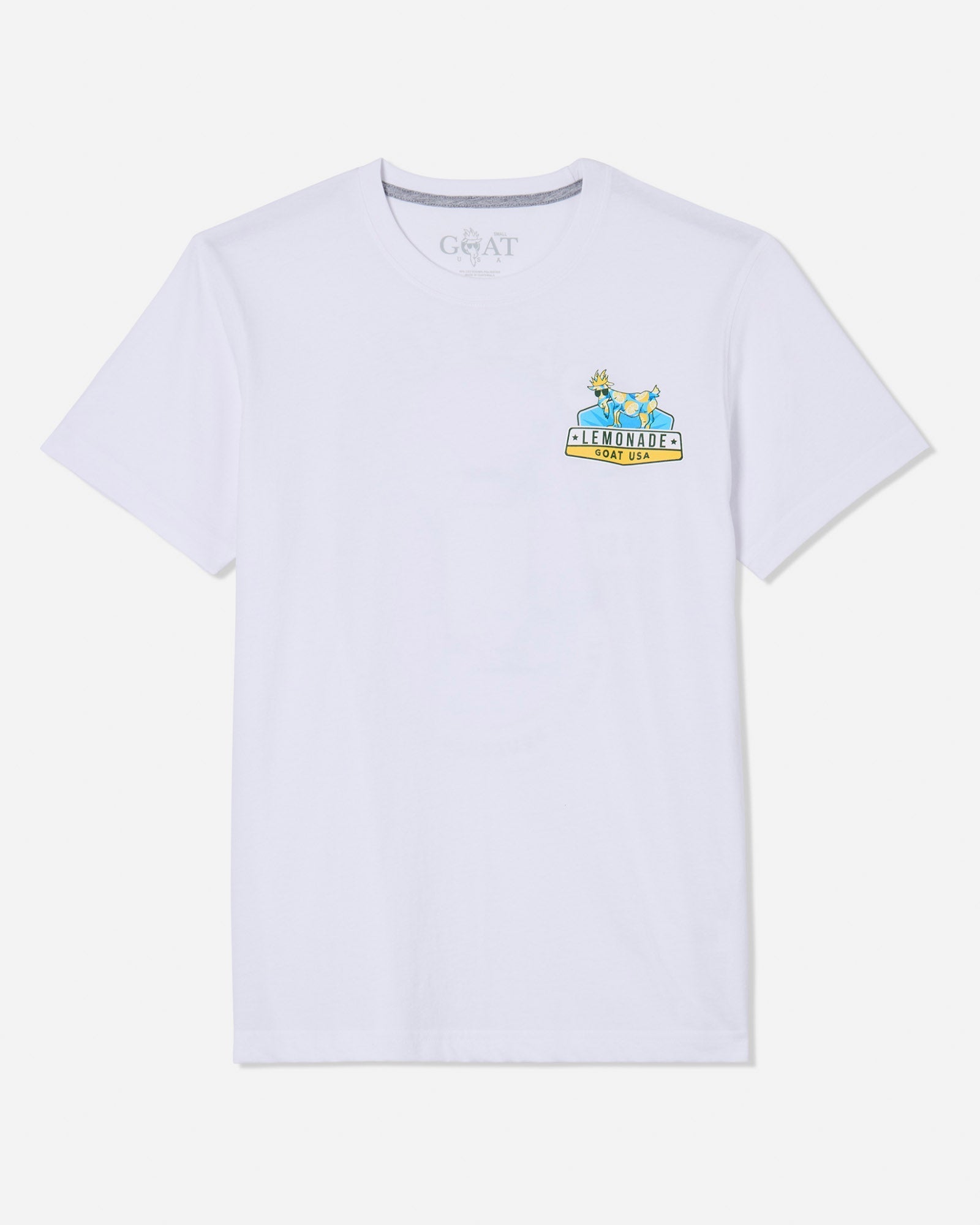 Front of white t-shirt with lemonade goat left-chest logo
