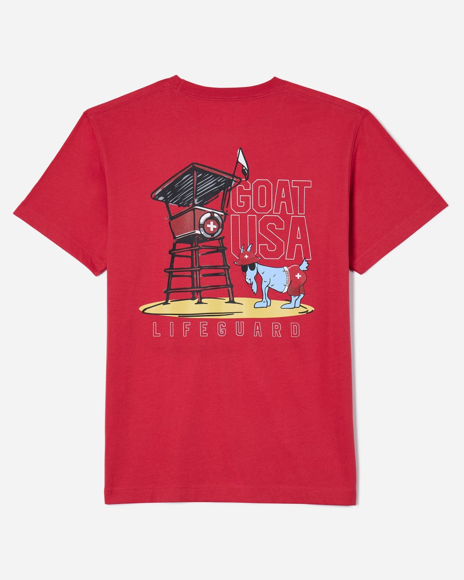 Back of red t-shirt with lifeguard stand and lifeguard goat graphic