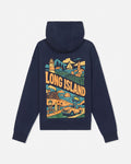 A navy blue hooded sweatshirt shown from the back, featuring a large, colorful graphic print of a Long Island landscape with a car, lighthouse, sailboat, and the words 'LONG ISLAND' in orange.