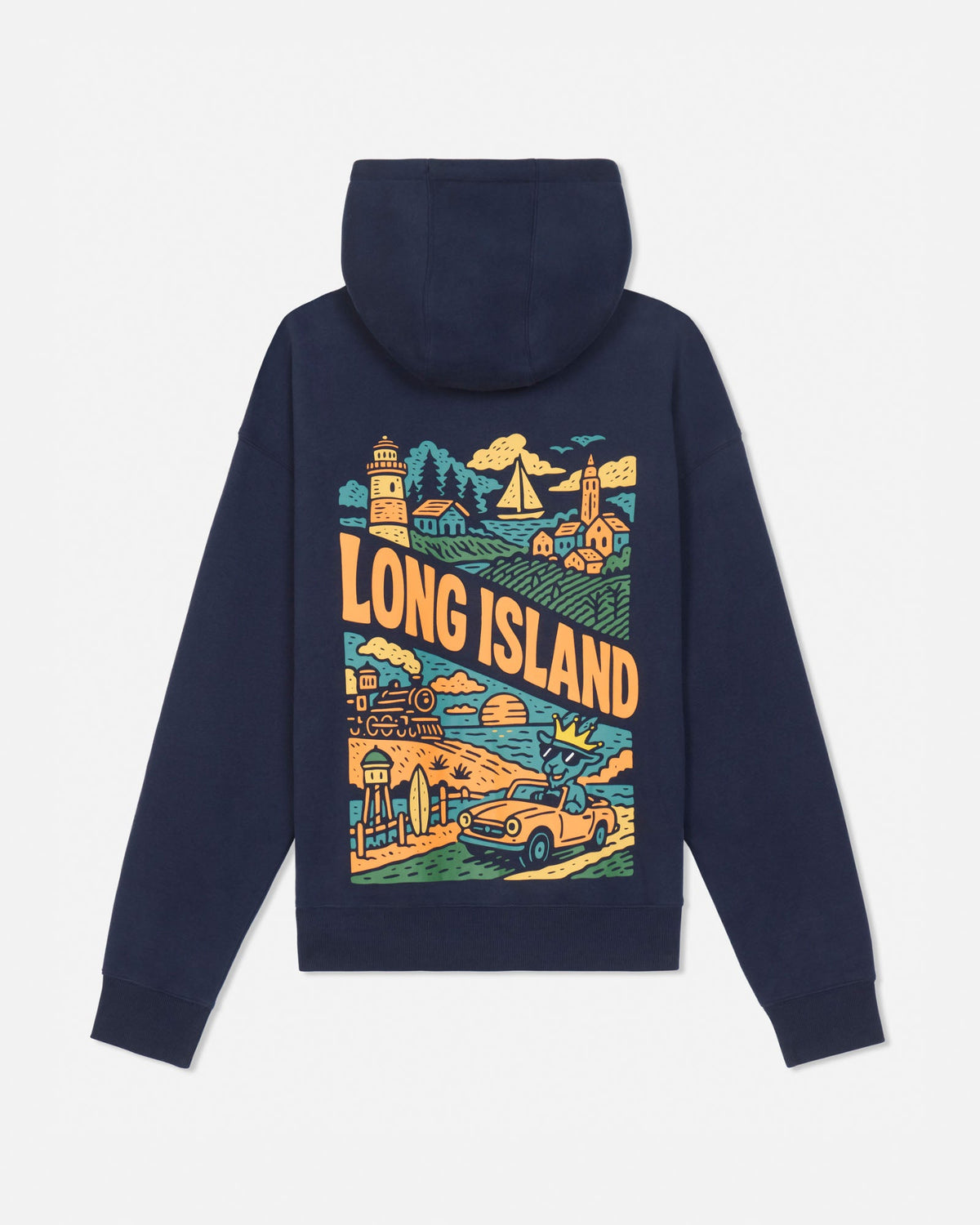 A navy blue hooded sweatshirt shown from the back, featuring a large, colorful graphic print of a Long Island landscape with a car, lighthouse, sailboat, and the words 'LONG ISLAND' in orange.
