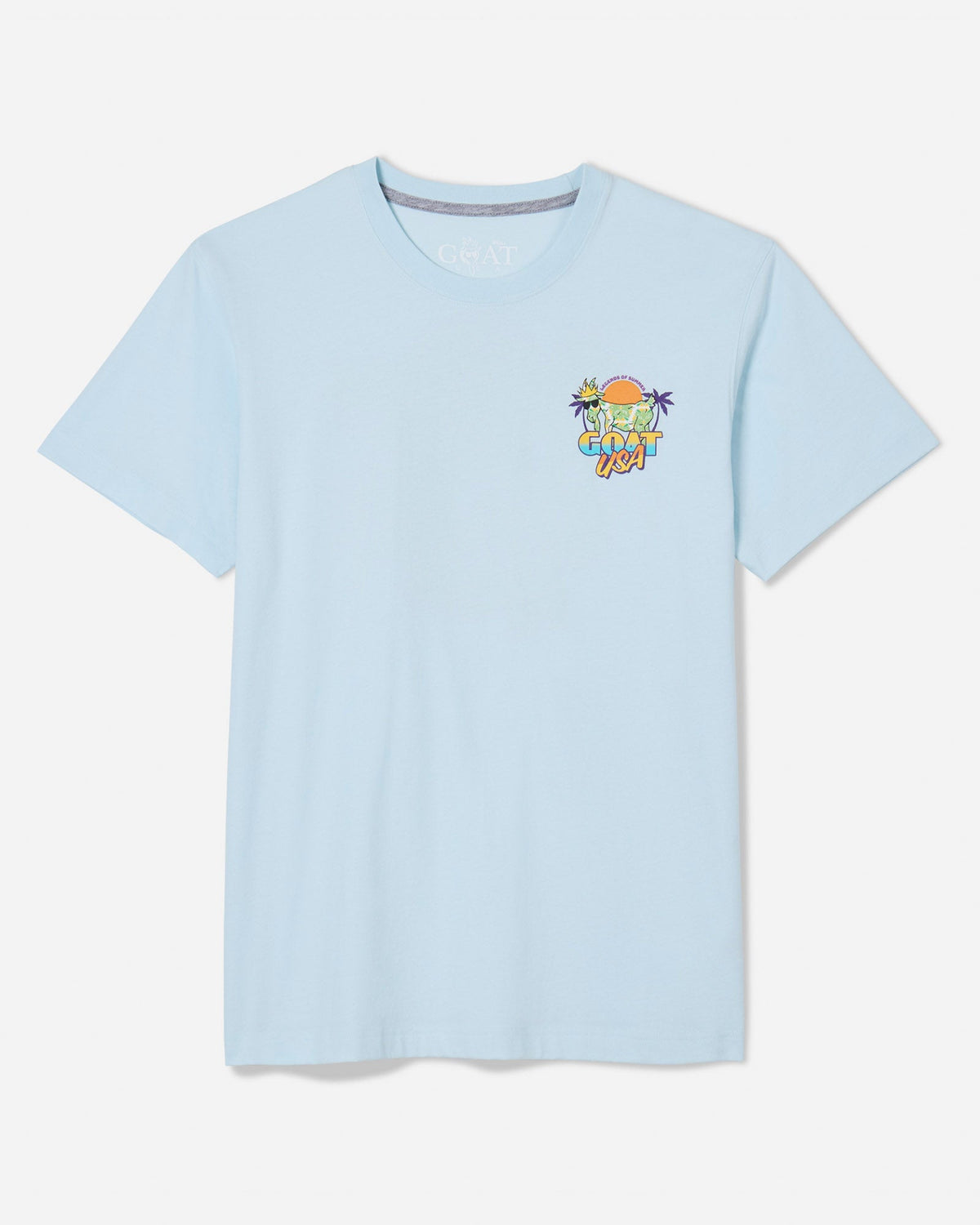 Front of ice blue t-shirt legends of summer goat and retro text left-chest logo