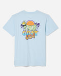 Back of ice blue t-shirt legends of summer design and retro text
