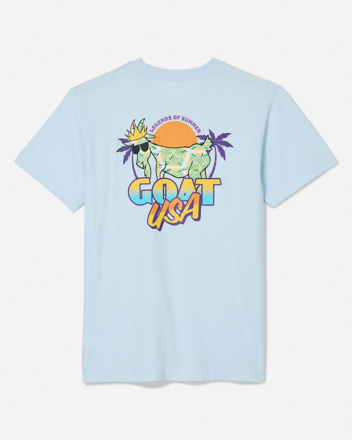 Back of ice blue t-shirt legends of summer design and retro text