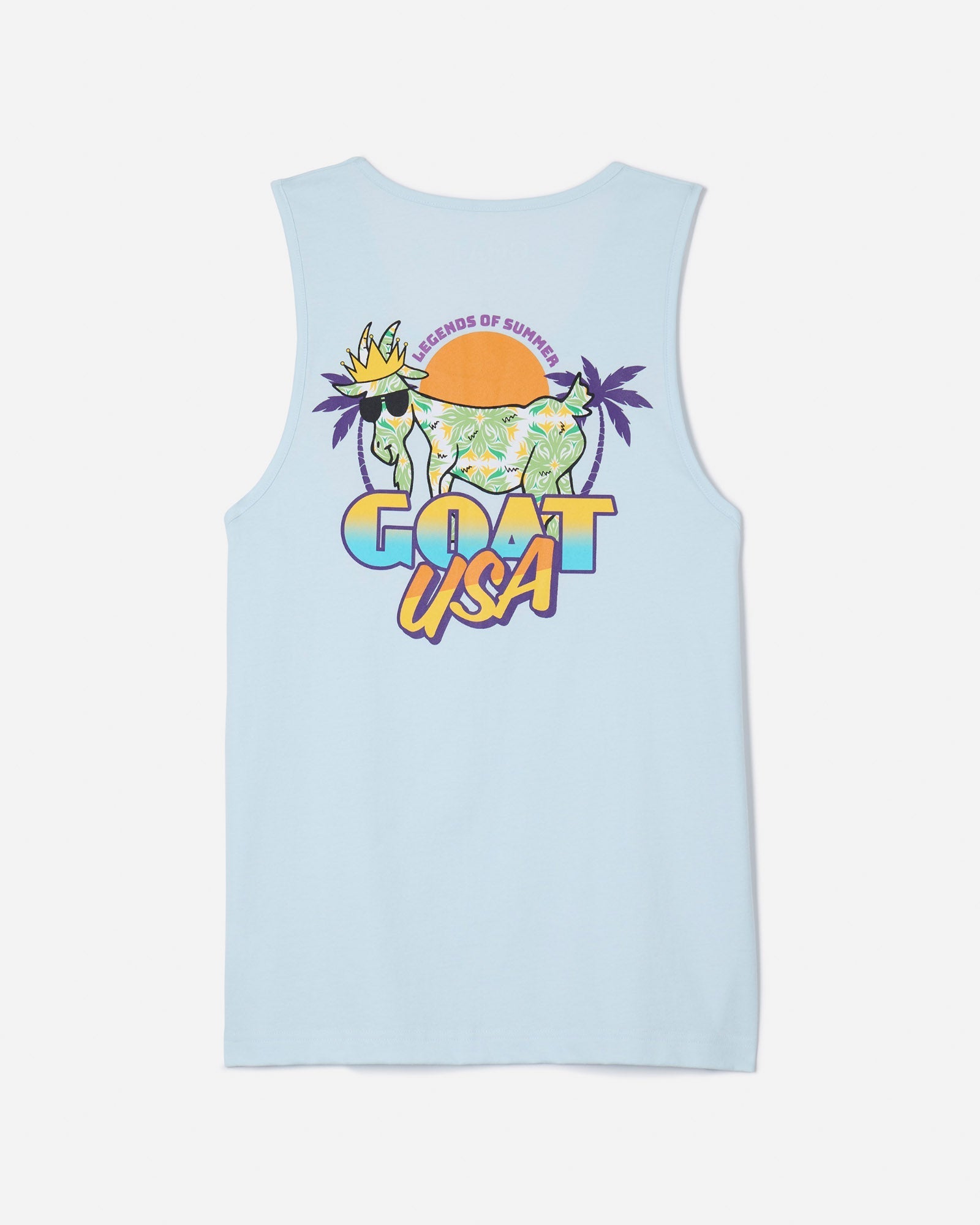 Back of ice blue tank top with Legends of Summer GOAT and retro text#color_ice-blue