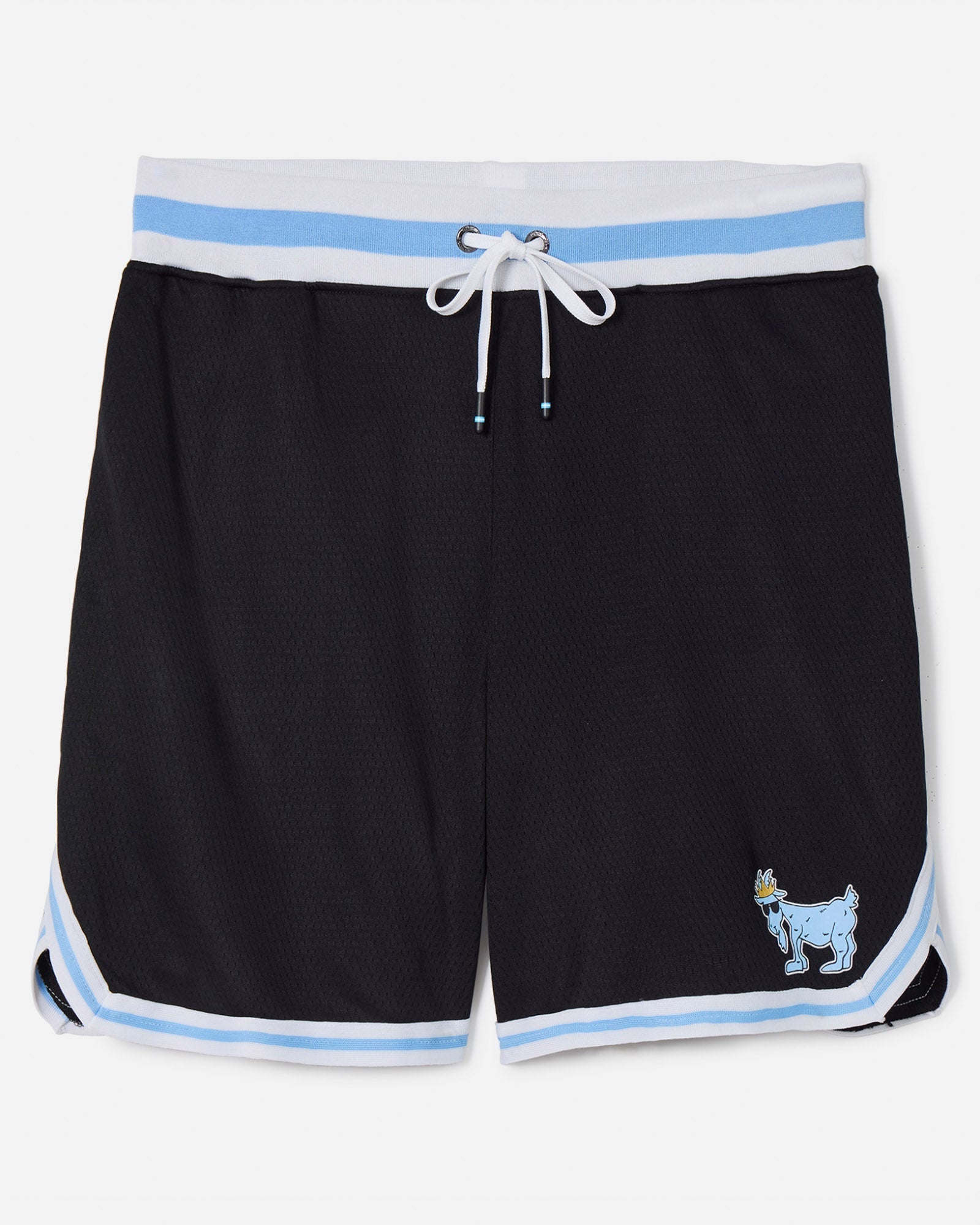 Black mesh shorts with blue and white waistband#color_black