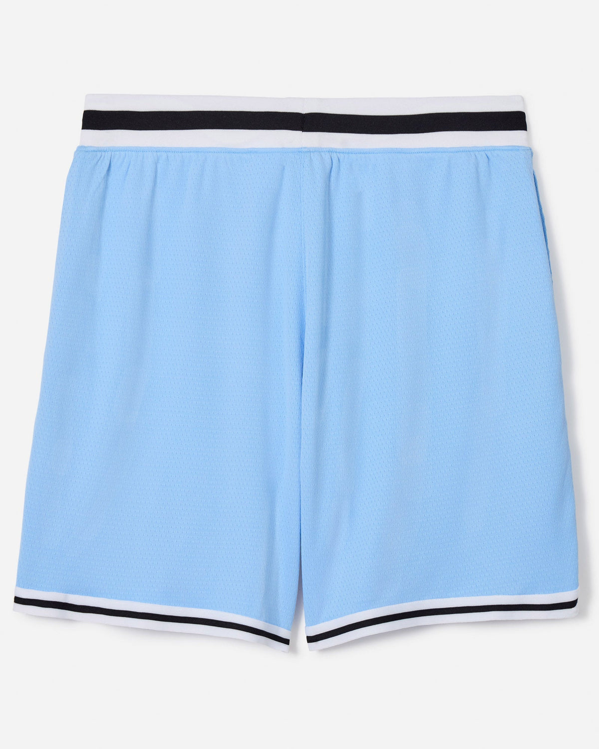 Back of carolina blue mesh shorts with black and white waistband