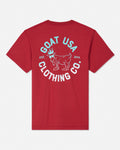 A red short-sleeve t-shirt shown from the back, featuring a white and light blue graphic print of a goat and the text 'GOAT USA CLOTHING CO.' on a light gray background.