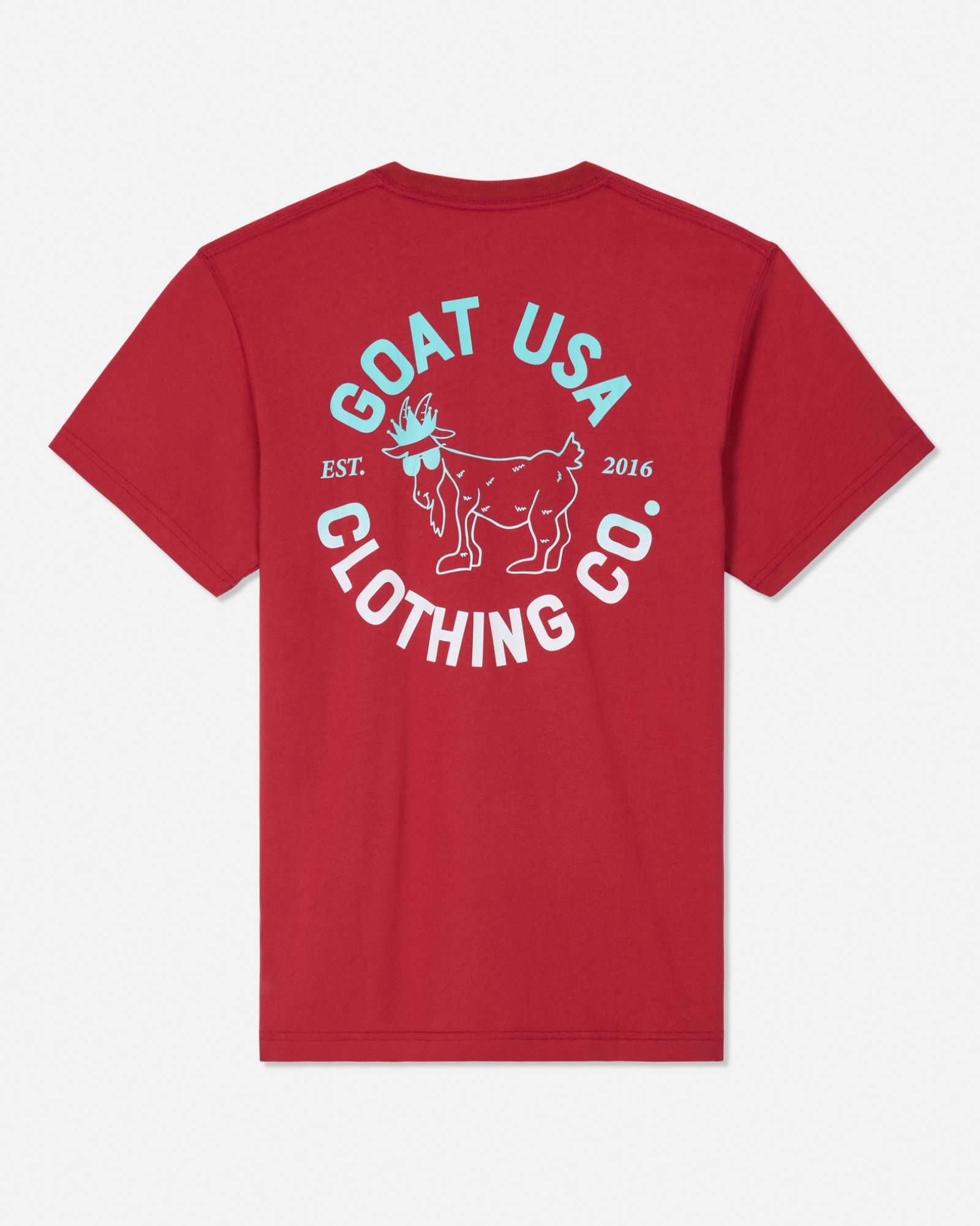 A red short-sleeve t-shirt shown from the back, featuring a white and light blue graphic print of a goat and the text 'GOAT USA CLOTHING CO.' on a light gray background.#color_tomato