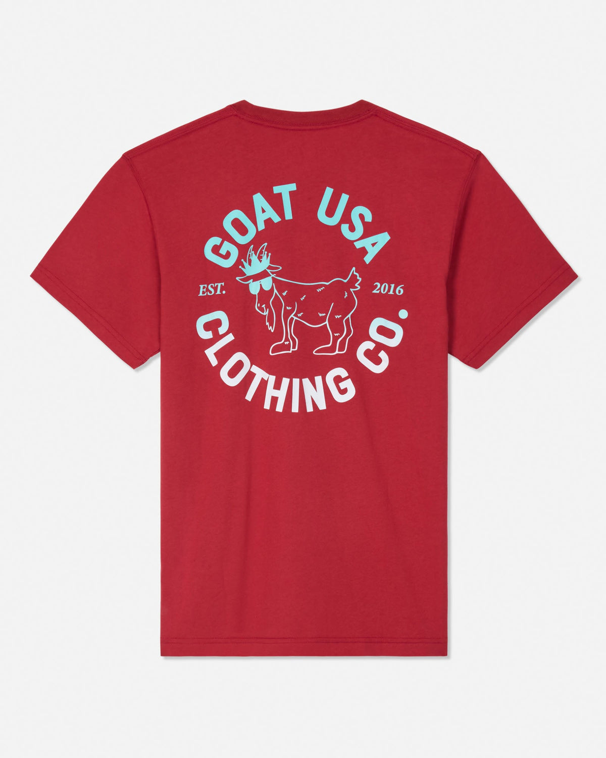 A red short-sleeve t-shirt shown from the back, featuring a white and light blue graphic print of a goat and the text 'GOAT USA CLOTHING CO.' on a light gray background.#color_tomato