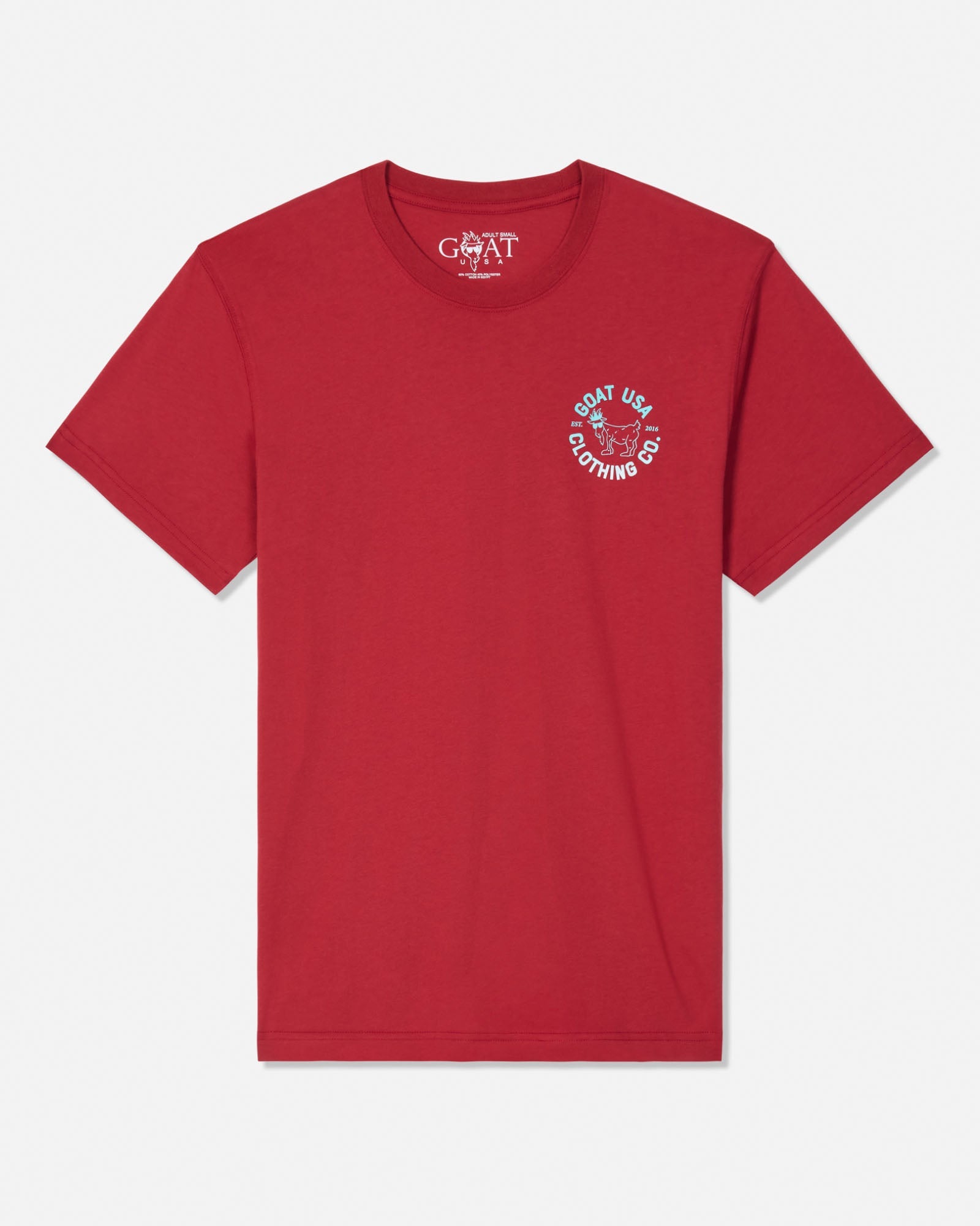 A red short-sleeve crewneck t-shirt with a small white circular graphic on the left chest and a white 'GOAT' logo printed inside the collar, shown on a light gray background.#color_tomato