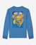 Blue long-sleeve shirt with colorful graphic design on a light gray background