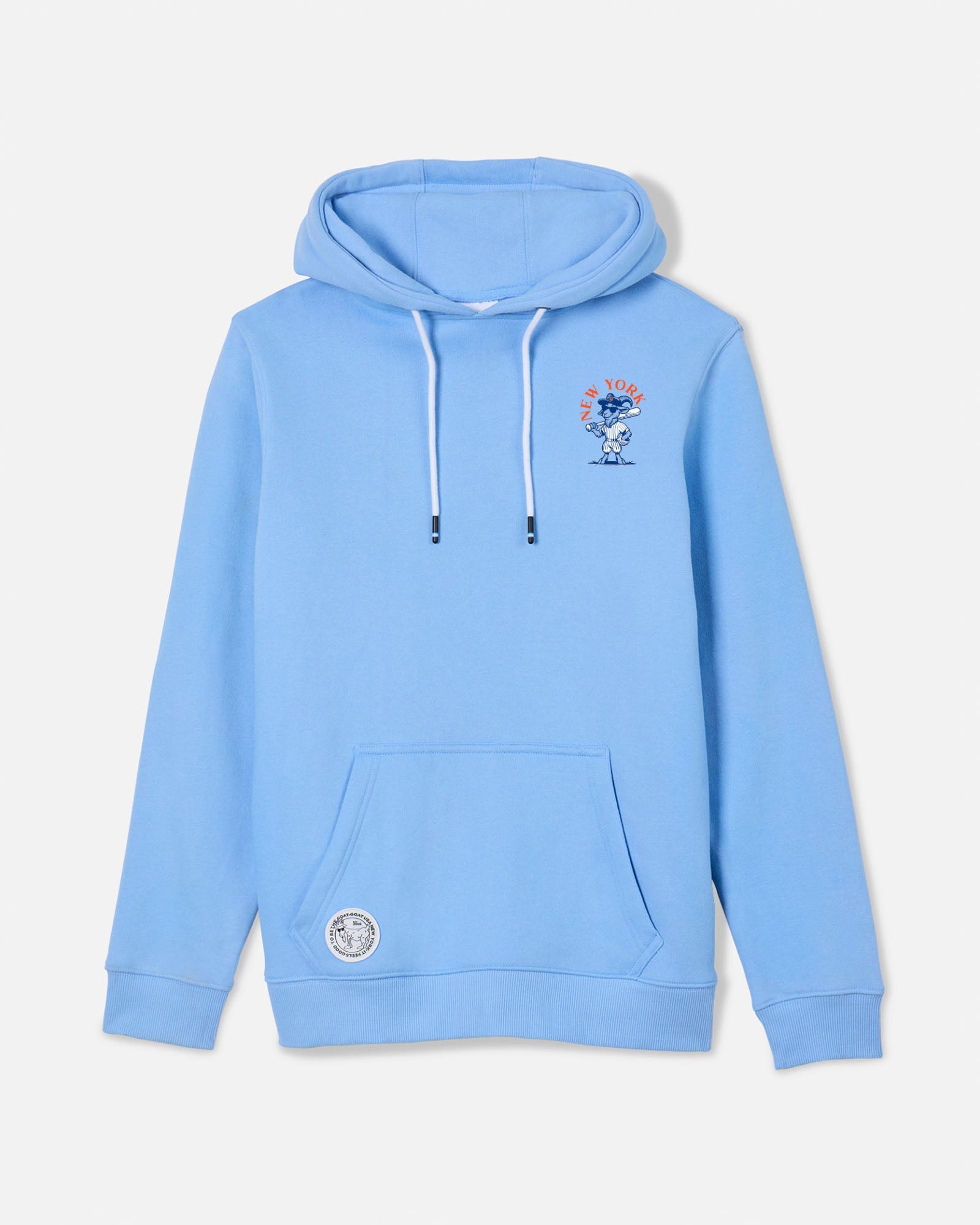 A light blue pullover hoodie with white drawstrings, a kangaroo pocket, a small cartoon graphic on the left chest, and a circular patch near the lower left hem, shown against a light gray background.