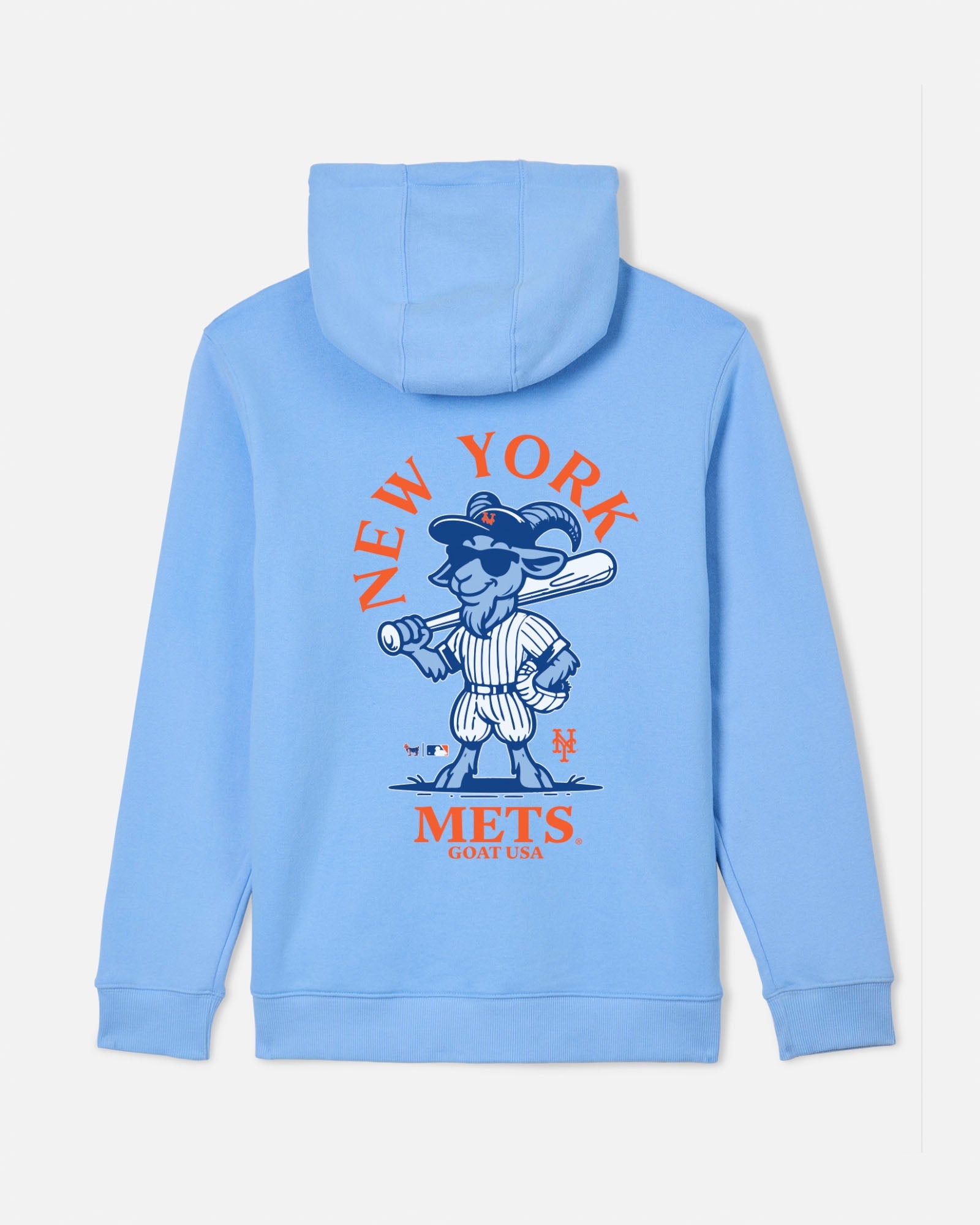 A light blue pullover hoodie shown from the back, featuring a large New York Mets graphic print with a cartoon bat-wielding mascot and orange lettering on a white background.