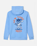 A light blue pullover hoodie shown from the back, featuring a large New York Mets graphic print with a cartoon bat-wielding mascot and orange lettering on a white background.