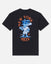 A black short-sleeve t-shirt with a large back graphic featuring the New York Mets logo. The graphic includes the text 'NEW YORK' in orange arched above a blue cartoon character, and 'METS GOAT USA' in orange below.