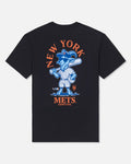 A black short-sleeve t-shirt with a large back graphic featuring the New York Mets logo. The graphic includes the text 'NEW YORK' in orange arched above a blue cartoon character, and 'METS GOAT USA' in orange below.