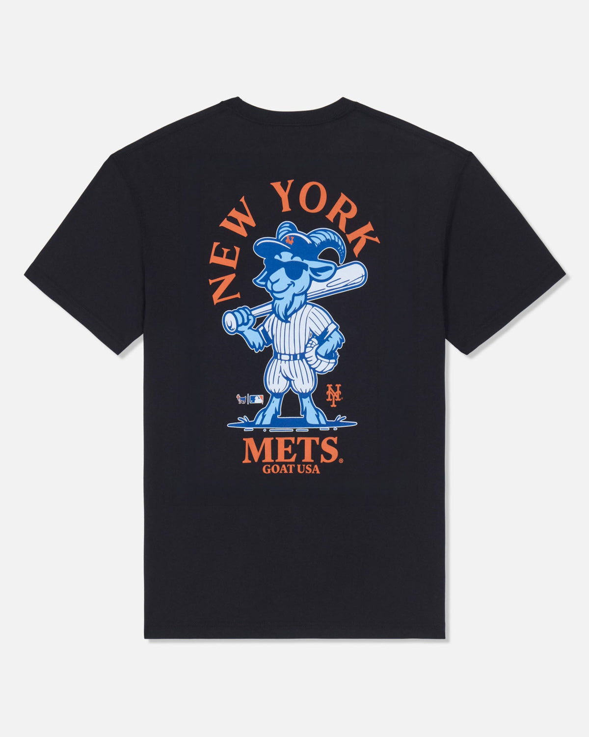 A black short-sleeve t-shirt with a large back graphic featuring the New York Mets logo. The graphic includes the text 'NEW YORK' in orange arched above a blue cartoon character, and 'METS GOAT USA' in orange below.