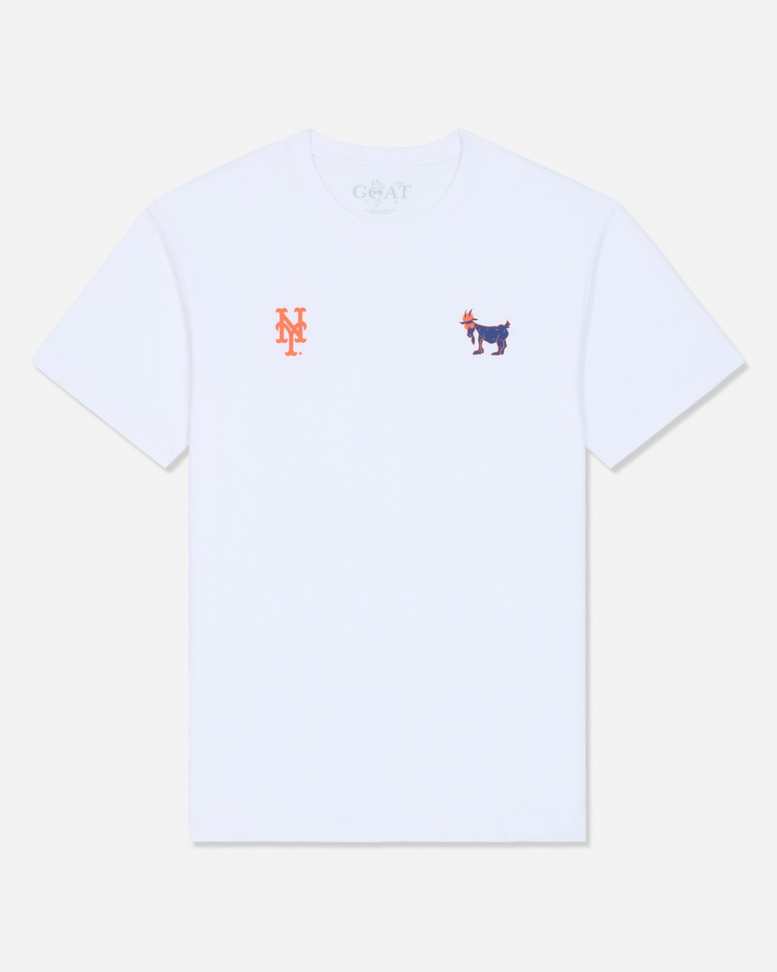 A white short-sleeve crewneck t-shirt featuring a small orange embroidered 'NY' logo on the left chest and a small embroidered goat motif on the right chest, displayed against a light off-white background.