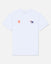 A white short-sleeve crewneck t-shirt featuring a small orange embroidered 'NY' logo on the left chest and a small embroidered goat motif on the right chest, displayed against a light off-white background.
