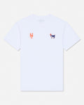 A white short-sleeve crewneck t-shirt featuring a small orange embroidered 'NY' logo on the left chest and a small embroidered goat motif on the right chest, displayed against a light off-white background.