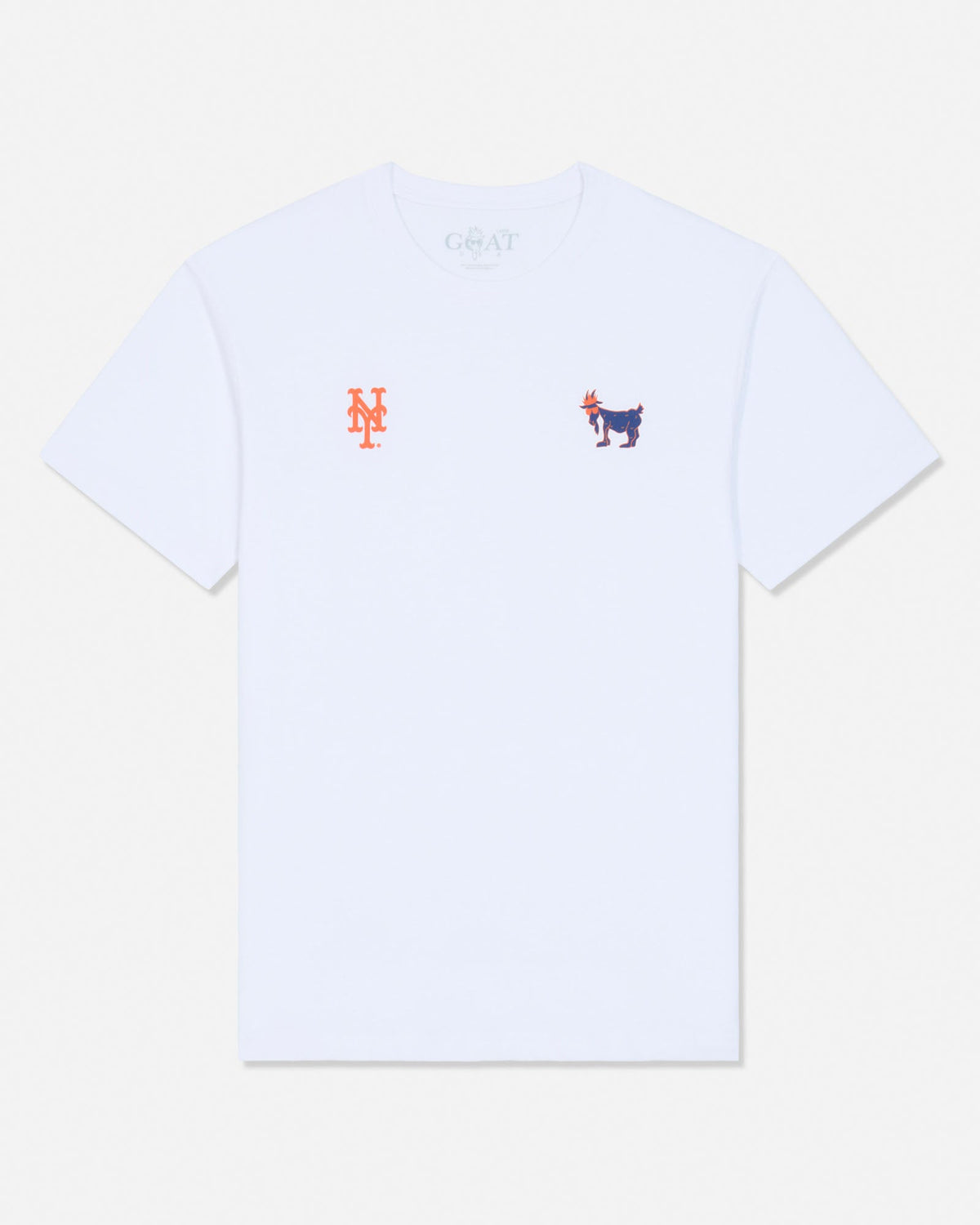 A white short-sleeve crewneck t-shirt featuring a small orange embroidered 'NY' logo on the left chest and a small embroidered goat motif on the right chest, displayed against a light off-white background.