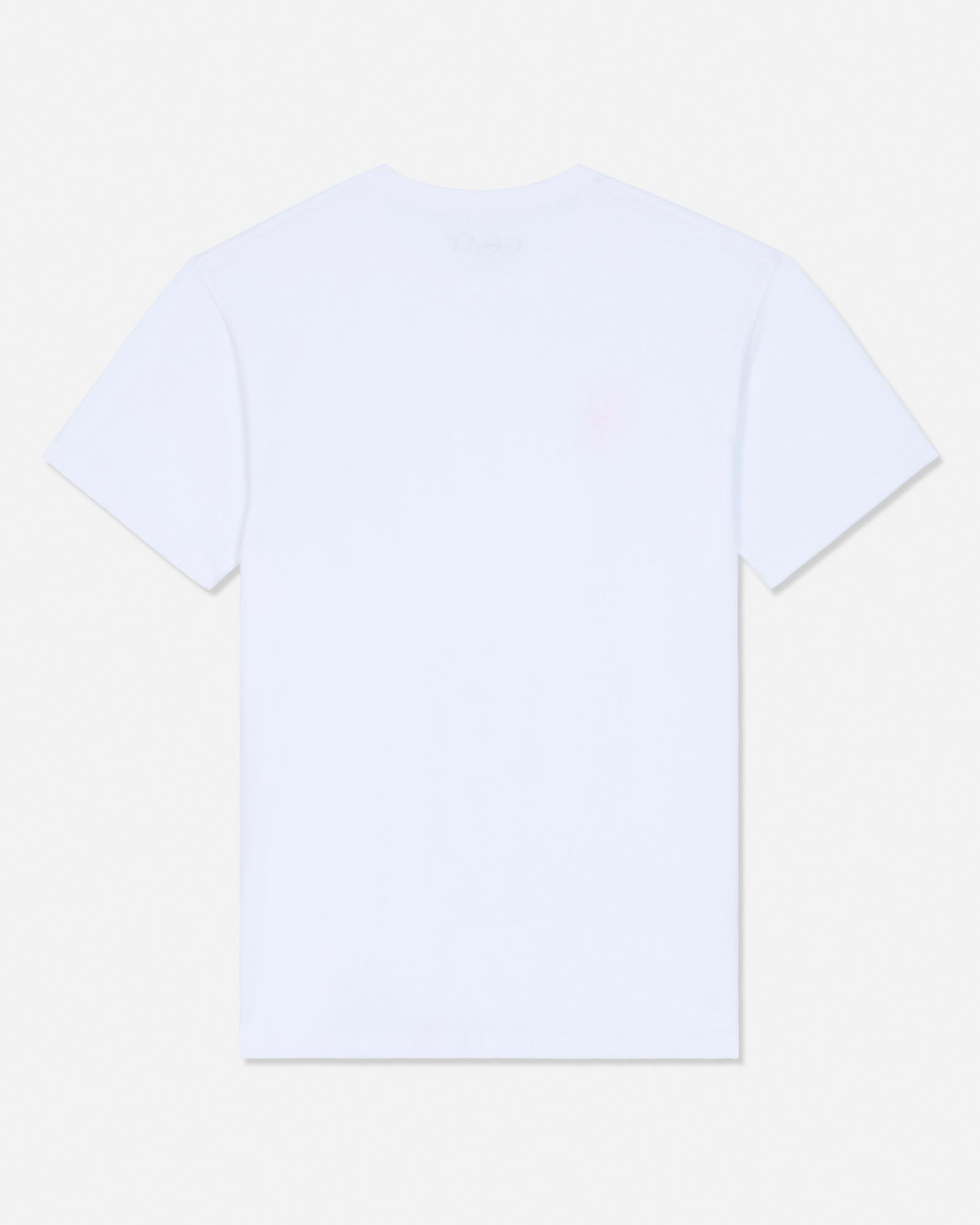 A plain white short-sleeve crewneck t-shirt shown from the back, laid flat against a light off-white background.