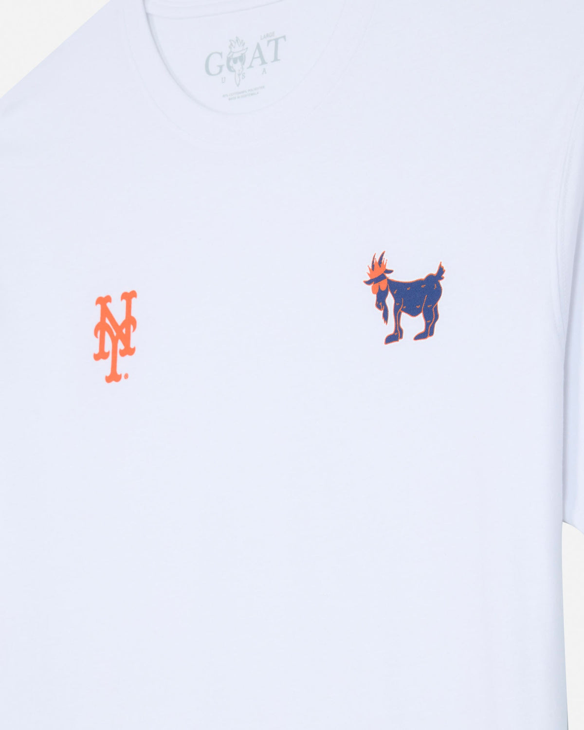White short-sleeve t-shirt featuring an orange interlocking 'NY' logo on the left chest and a blue and orange goat graphic on the right chest, with a faint 'GOAT' print inside the collar.