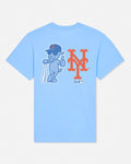 Light blue tee with blue cartoon goat leaning on a baseball bat and the New York Mets logo