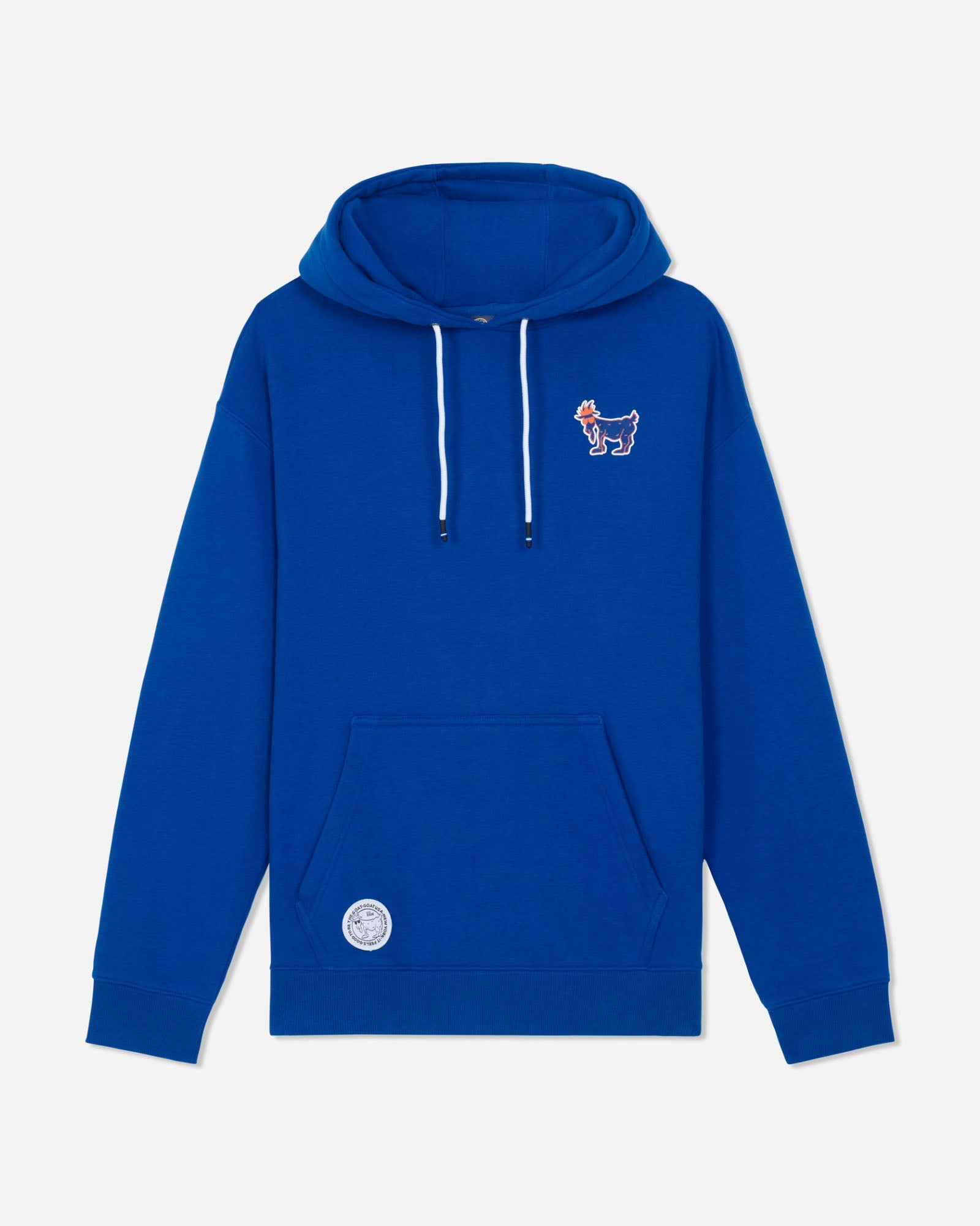 A royal blue pullover hoodie with white drawstrings, featuring a small embroidered goat logo on the left chest and a circular white patch on the lower left front pocket, shown against a light gray background.