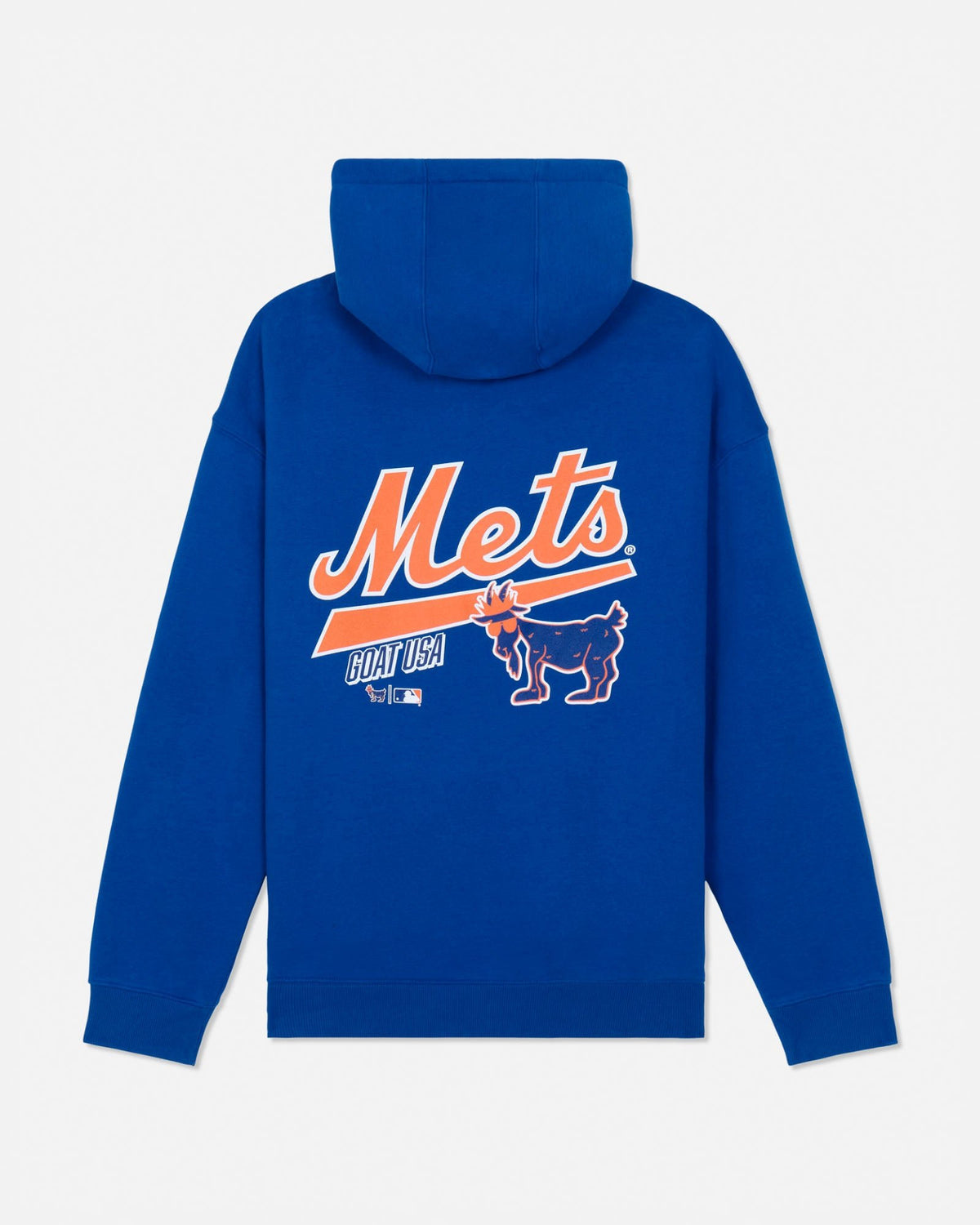A royal blue pullover hoodie shown from the back, featuring a large orange and white 'Mets' script logo and 'GOAT USA' text.