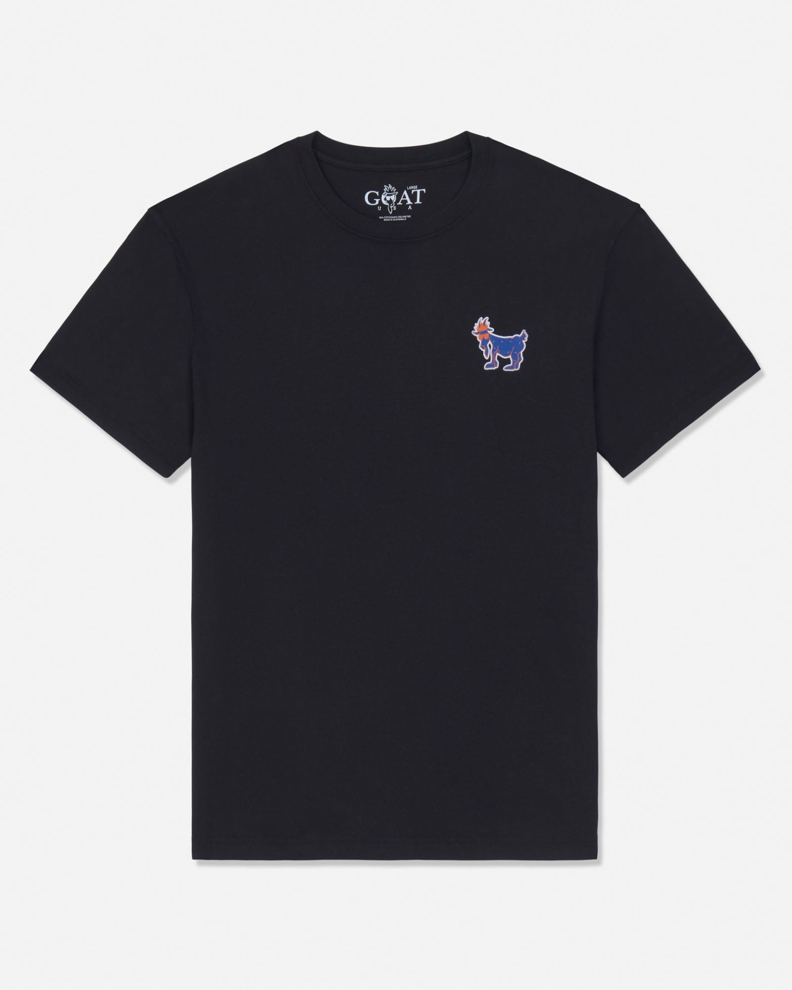 A black short-sleeve crewneck t-shirt by Goat, featuring a small embroidered blue and red goat logo on the left chest, displayed on a clean white background.