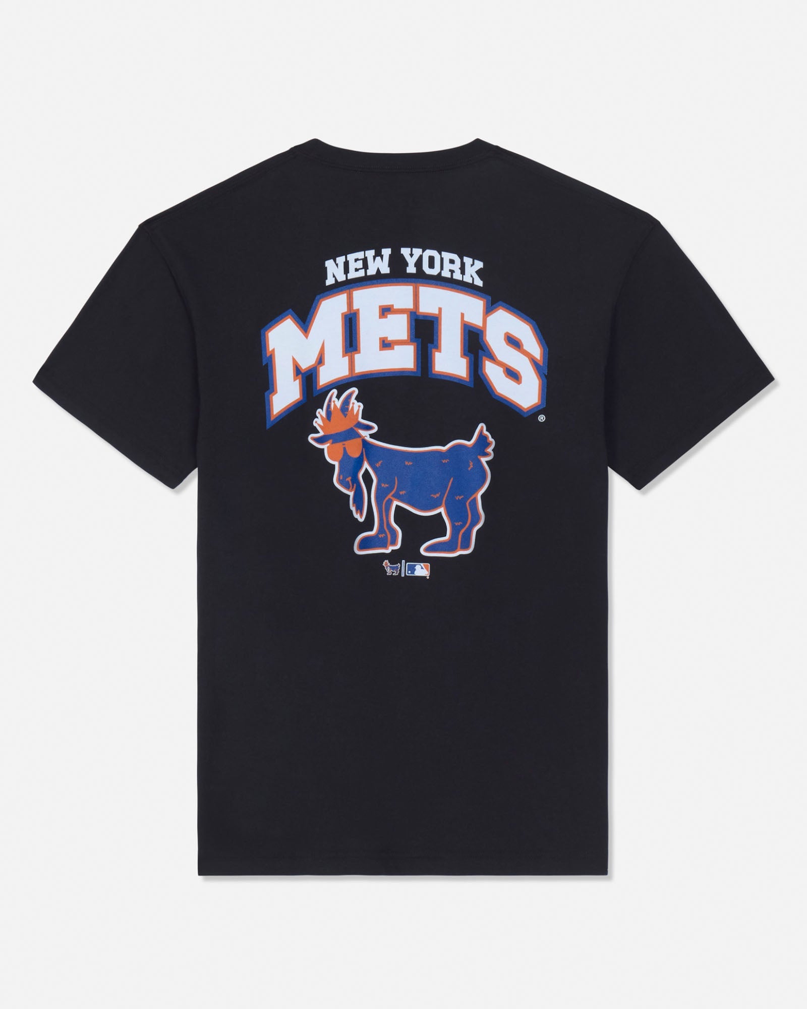 A black short-sleeve t-shirt with a large back graphic featuring the text 'NEW YORK METS' in white with a orange outline and a blue New York Mets goat logo below it, shown on a light gray background.