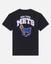 A black short-sleeve t-shirt with a large back graphic featuring the text 'NEW YORK METS' in white with a orange outline and a blue New York Mets goat logo below it, shown on a light gray background.