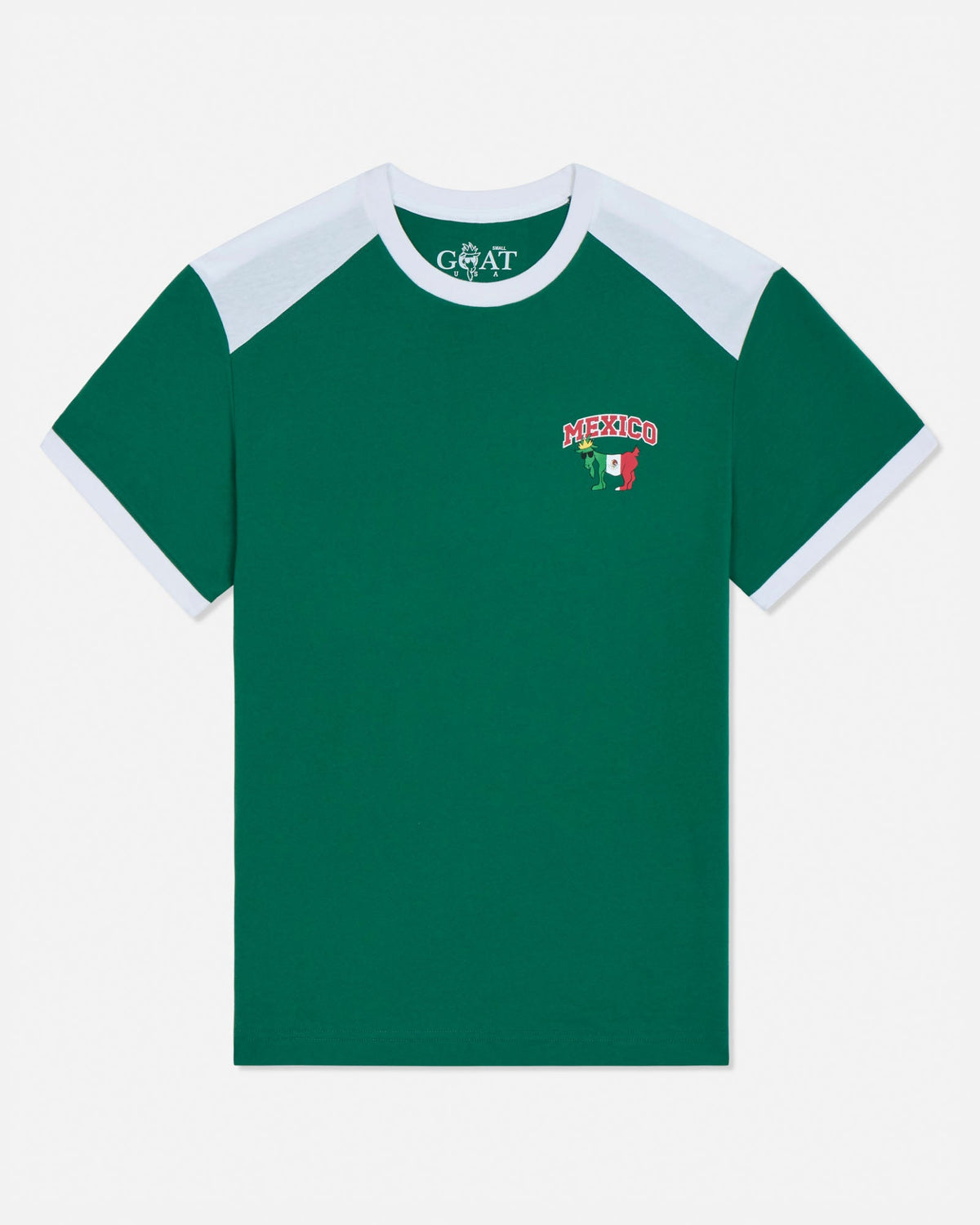 Green t-shirt with white accents and a logo on a light gray background