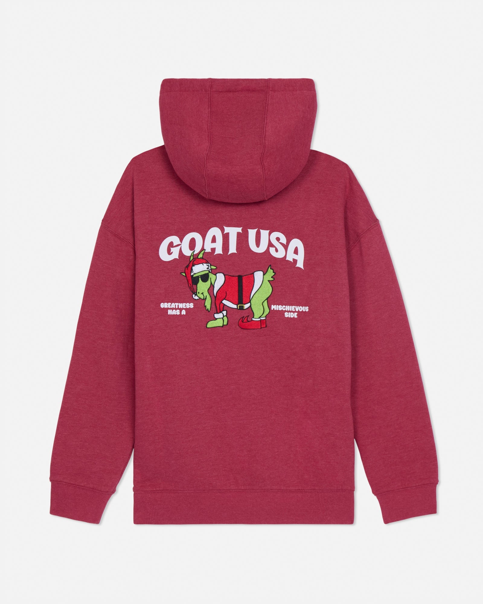 Red hoodie with 'GOAT USA' text and cartoon design on the back against a white background