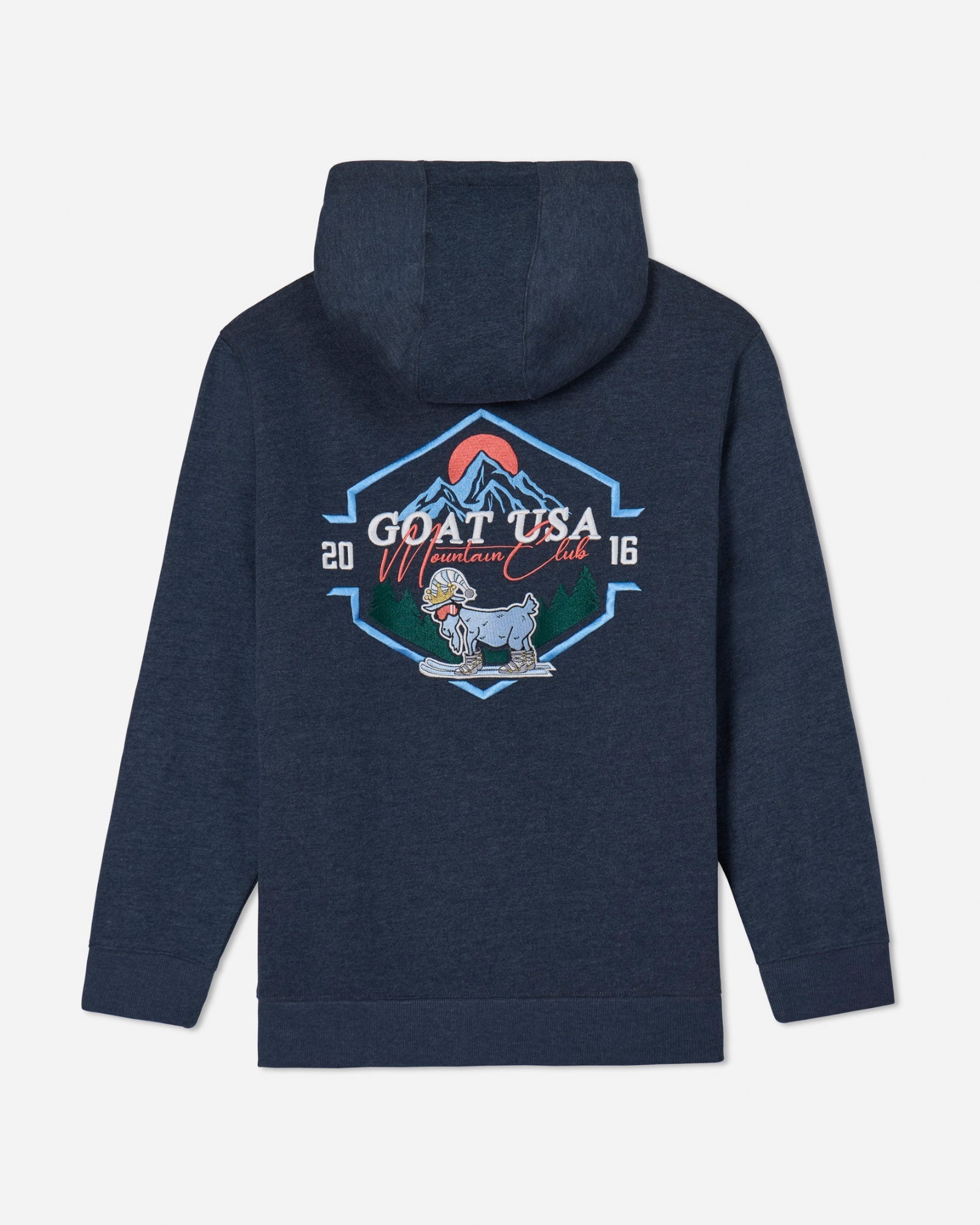 Navy sweatshirt with a skiing goat and a mountain in the background