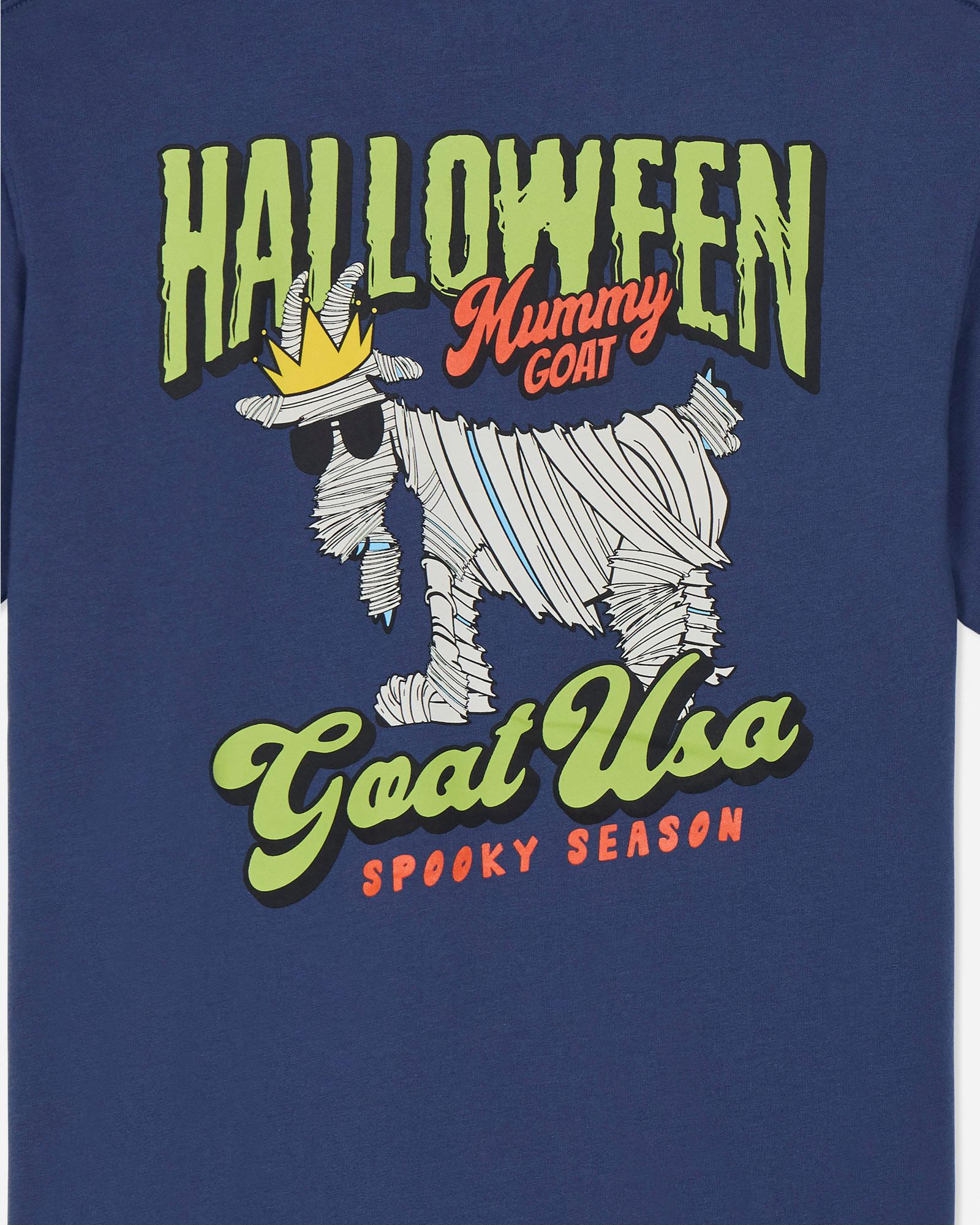 Halloween-themed t-shirt with a mummy goat design